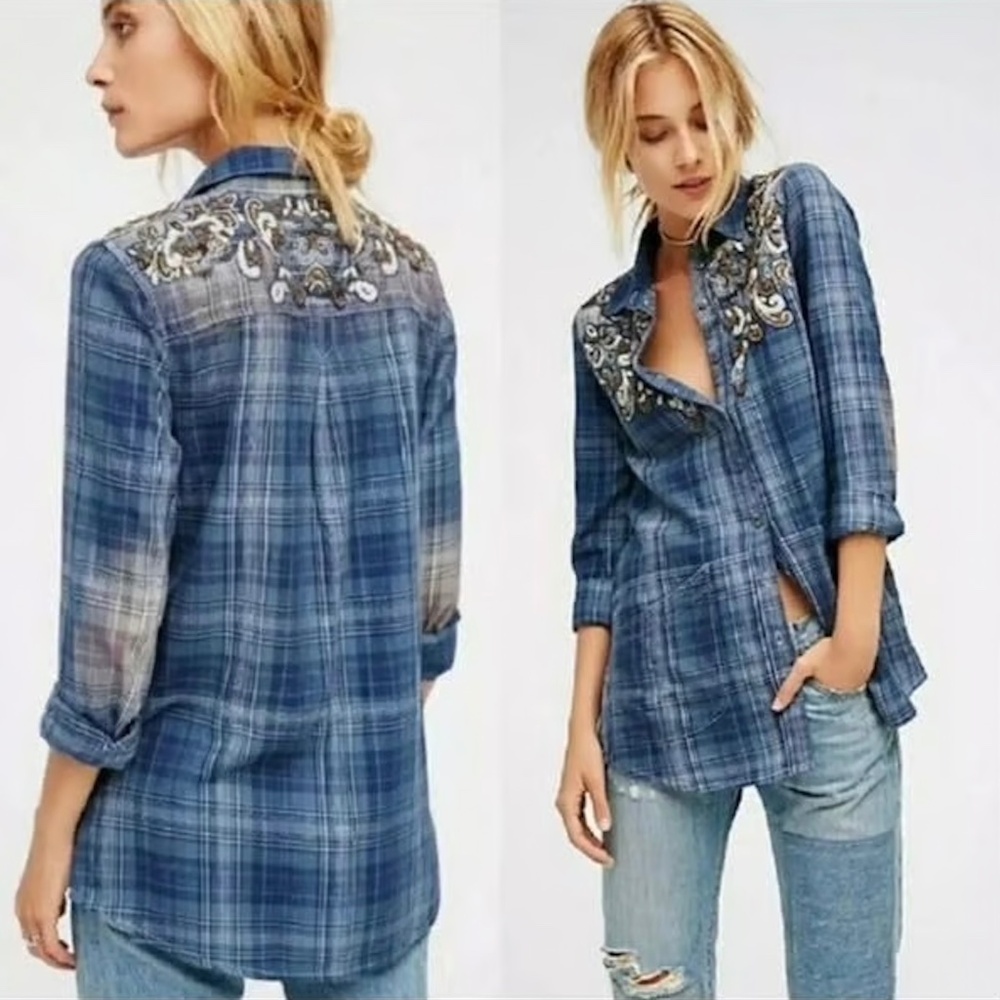 Free People Stevie's Embellished Plaid Shirt Tunic in blue size M